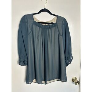 Cresson Prestige Sheer Pleated Blouse Teal Blue Nude Lining Layered Top Size M
